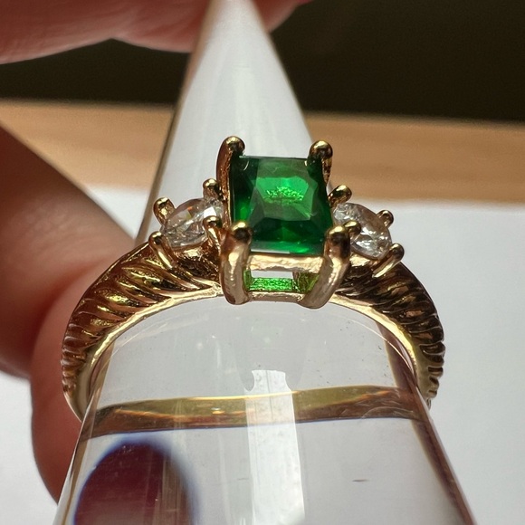 Emerald Cut Green 3-Stone Ring - Size 7, Gold Tone - Picture 10 of 15